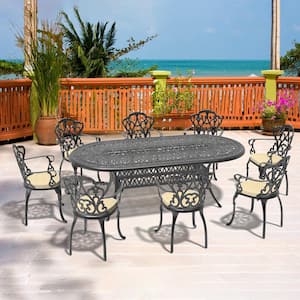 Lily Black 9-Piece Cast Aluminum Outdoor Dining Set with Oval Table and Dining Chairs with Random Color Cushion