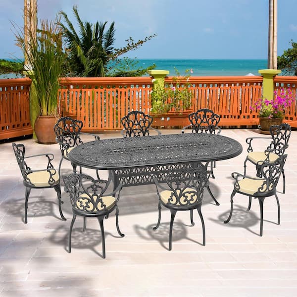 Willit Lily Black 9-Piece Cast Aluminum Outdoor Dining Set with Oval Table and Dining Chairs with Random Color Cushion