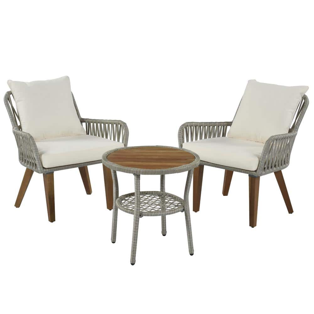 Gray 3-Piece Aluminum Outdoor Bistro Set with Beige Cushions