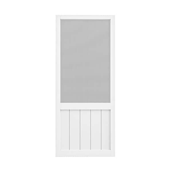 32 in. x 80 in. Universal Primed White Paneled Railing Style Pine Wood and Gauze Mesh Hinged Screen Door for Front Door