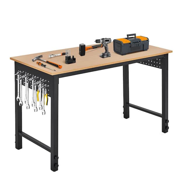 47.24 in. W x 21.65 in. D Adjustable Black Steel Workbench Table with Tool Hooks, Natural Rubberwood Top, Power Outlets