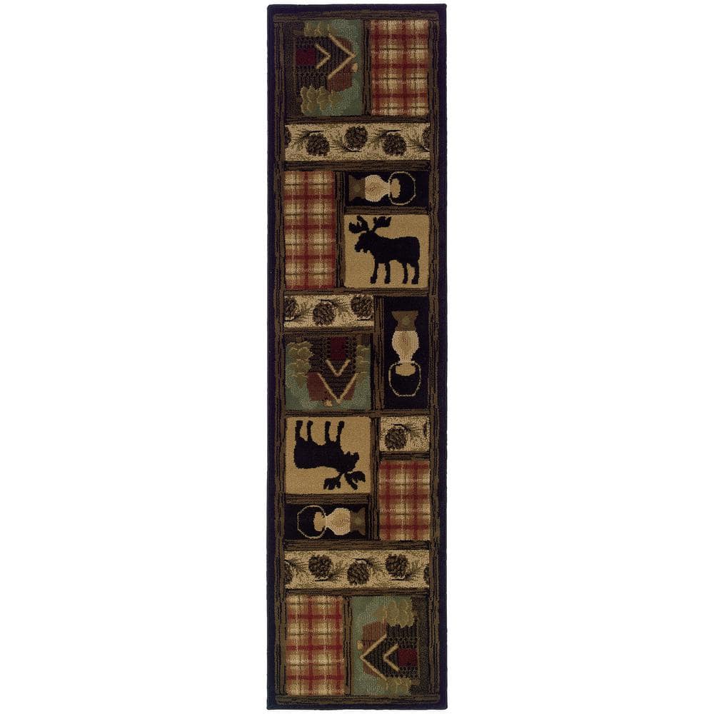 Hickory Brown/Red 2 ft. x 8 ft. Plaid with Deer Runner Rug