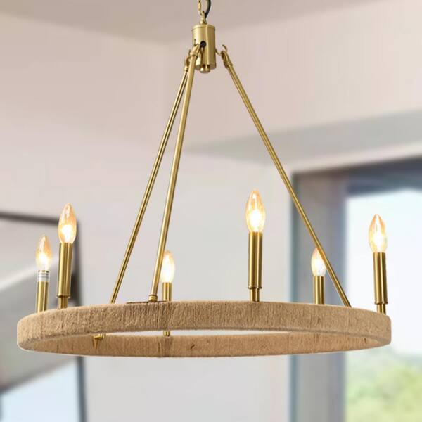 ExBrite Savannah 26.8 in. 6-Light Golden Rattan Weaving Farmhouse Candlestick Chandelier for Dining Room Kitchen Island