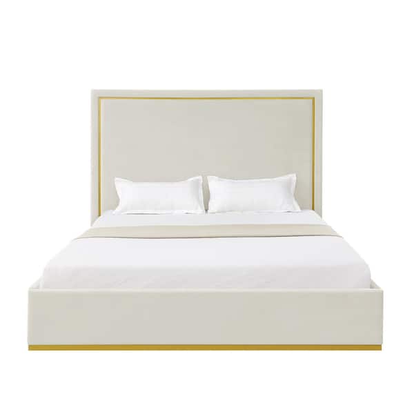 Inspired Home Aksel Beige Queen Size Platform Bed Upholstered Velvet
