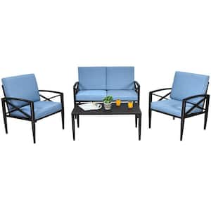 Black 4-Piece Metal Outdoor Patio Conversation Set with Blue Cushions