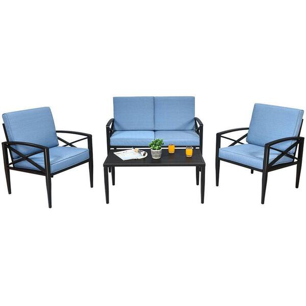 ANGELES HOME Black 4-Piece Metal Outdoor Patio Conversation Set with Blue Cushions