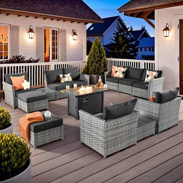 XIZZI Bella 13-Piece Wicker Patio Rectangle Fire Pit Conversation Set with Black Cushions