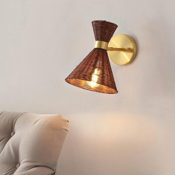 Zoey 10 in. 1-Light Dark Brown/Brass Gold Wall Sconce Mid-Century Vintage Retro Rattan/Metal LED with Adjustable Shade