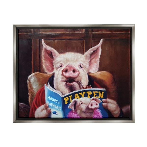 Stupell Industries Funny Pig Magazine Man Cave by Lucia Heffernan 1-Piece Gray Floater Frame Animal Graphic Art Print 17 in. x 21 in.