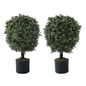 CAPHAUS 2 ft. Artificial Boxwood Topiary Ball Tree with White Flowers ...