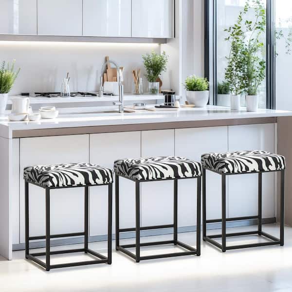 PHI VILLA 24 in. Black Zebra Print Thick Cushion Backless Bar Stool Metal Steel Frame Base with Footrest Set of 3 THD3 IF 583