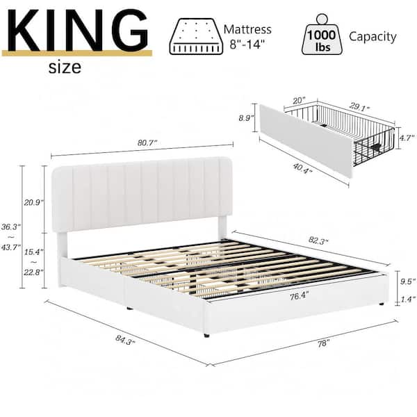 Platform Storage Bed White Metal Plus Wood Bed Frame King Platform Bed with Velvet Upholstered Headboard and 4-Drawers
