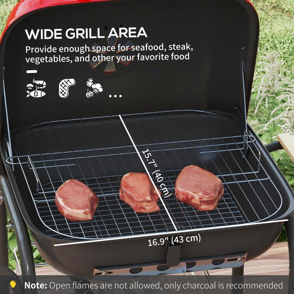 17" Red Portable Charcoal Grill with Folding Shelves