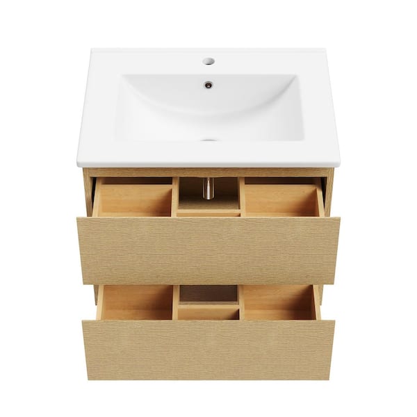 24 in. Single Sink Wall Hung Wood Bath Vanity in Natural Oak with White Ceramic Top (Assembled)