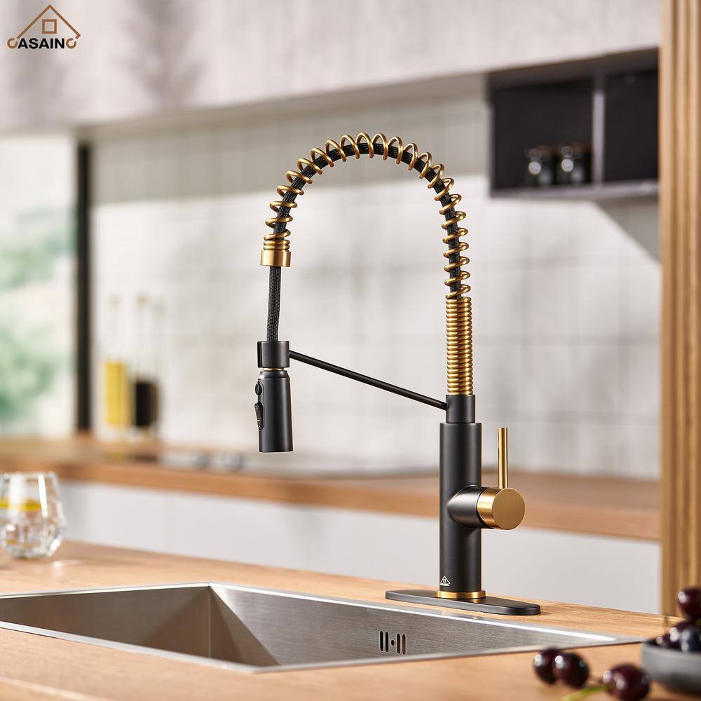 Matte Black and Brushed Gold Pull Down Kitchen Faucet