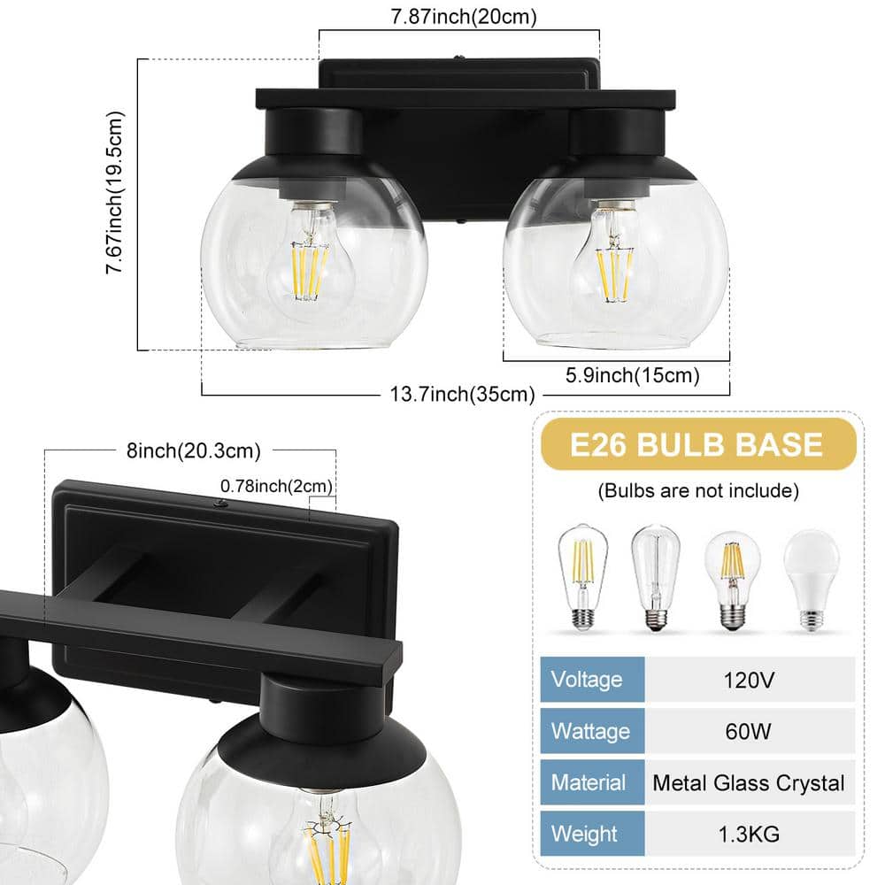 Black Metal 2-Light Bathroom Vanity Fixture with Clear Glass Shades