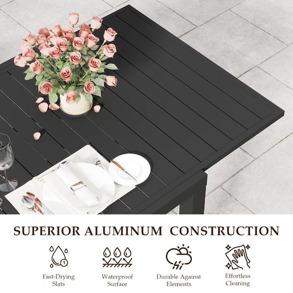 Black Rectangle Aluminum Outdoor Dining Table with Extension W