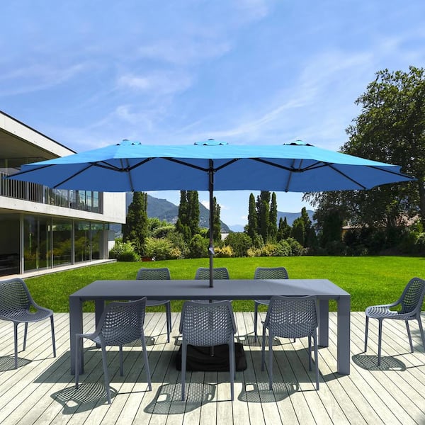 15 ft. Steel Crank Umbrella in Turquoise , 133 sq. ft. Shade, Powder Coated with Stand and Sandbags