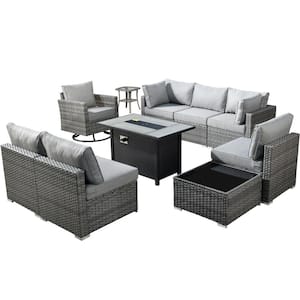 Sanibel Gray 10-Piece Wicker Patio Conversation Sofa Set with a Swivel Chair, a Metal Fire Pit and Dark Gray Cushions