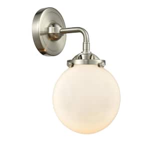 Beacon 1-Light Brushed Satin Nickel, Matte White Wall Sconce with Matte White Glass Shade