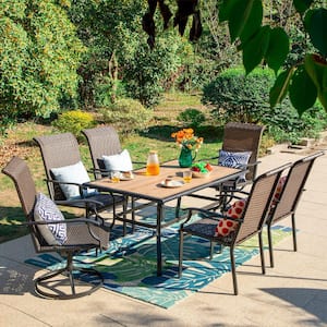Black 7-Piece Patio Outdoor Dining Set with Rectangle Table and Rattan Swivel Chair