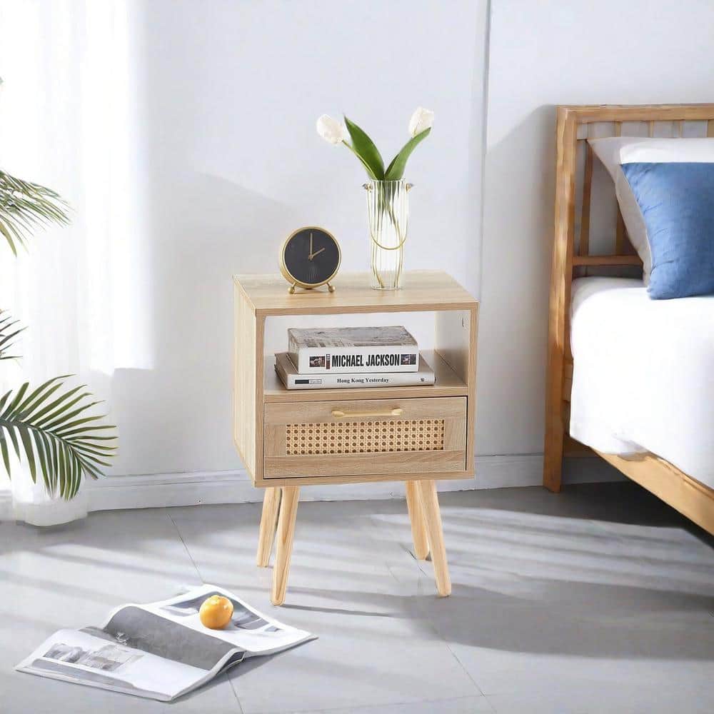 Natural 15.75 in. Rattan Modern Nightstand End Table with Drawer and Solid 