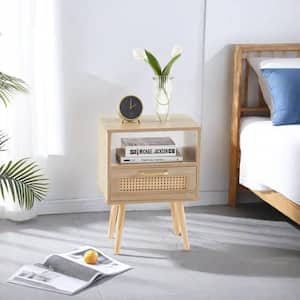 Natural 15.75 in. Rattan Modern Nightstand End Table with Drawer and Solid Wood Legs for Living Room and Bedroom