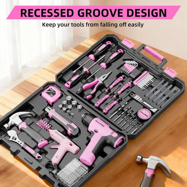Laybus 188-Pcs Pink Tool Set Drill Set with Pink Cordless Drill