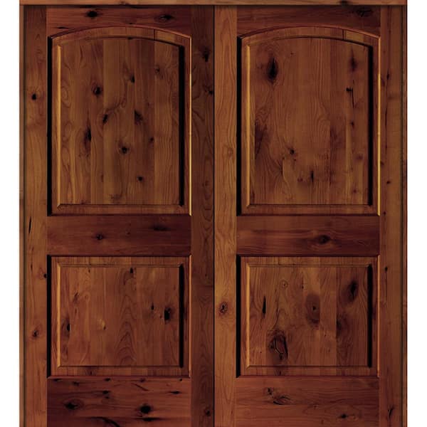 72 in. x 80 in. Knotty Alder 2-Panel Universal/Reversible Red Chestnut Stain Wood Double Prehung Interior Door