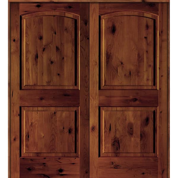 48 in. x 80 in. Rustic Knotty Alder 2-Panel Universal/Reversible Red Chestnut Stain Wood Double Prehung Interior Door