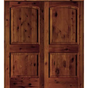 56 in. x 80 in. Rustic Knotty Alder 2-Panel Universal/Reversible Red Chestnut Stain Wood Double Prehung Interior Door