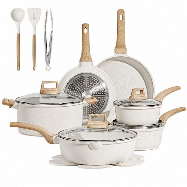 16-Piece Pots and Pans Set, Nonstick White Granite Cookware Set, Induction Cookware, Frying Pans & Saucepans