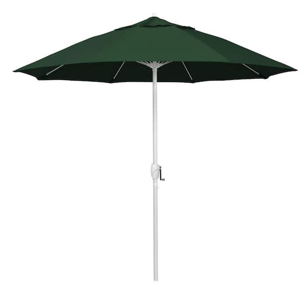 California Umbrella 9 ft. Matted White Aluminum Market Patio Umbrella Fiberglass Ribs and Auto Tilt in Forest Green Sunbrella