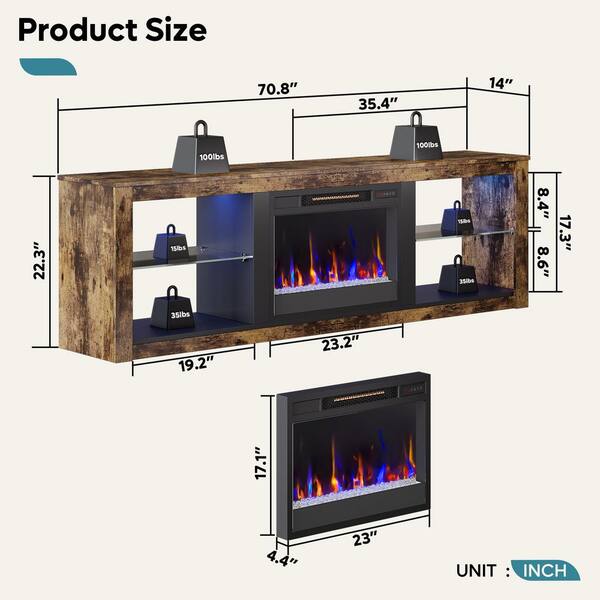 70.8 in. Fireplace TV Stand Fits TV's Up to 75 in. Entertainment Center with Adjustable Shelves & LED in Rustic Brown