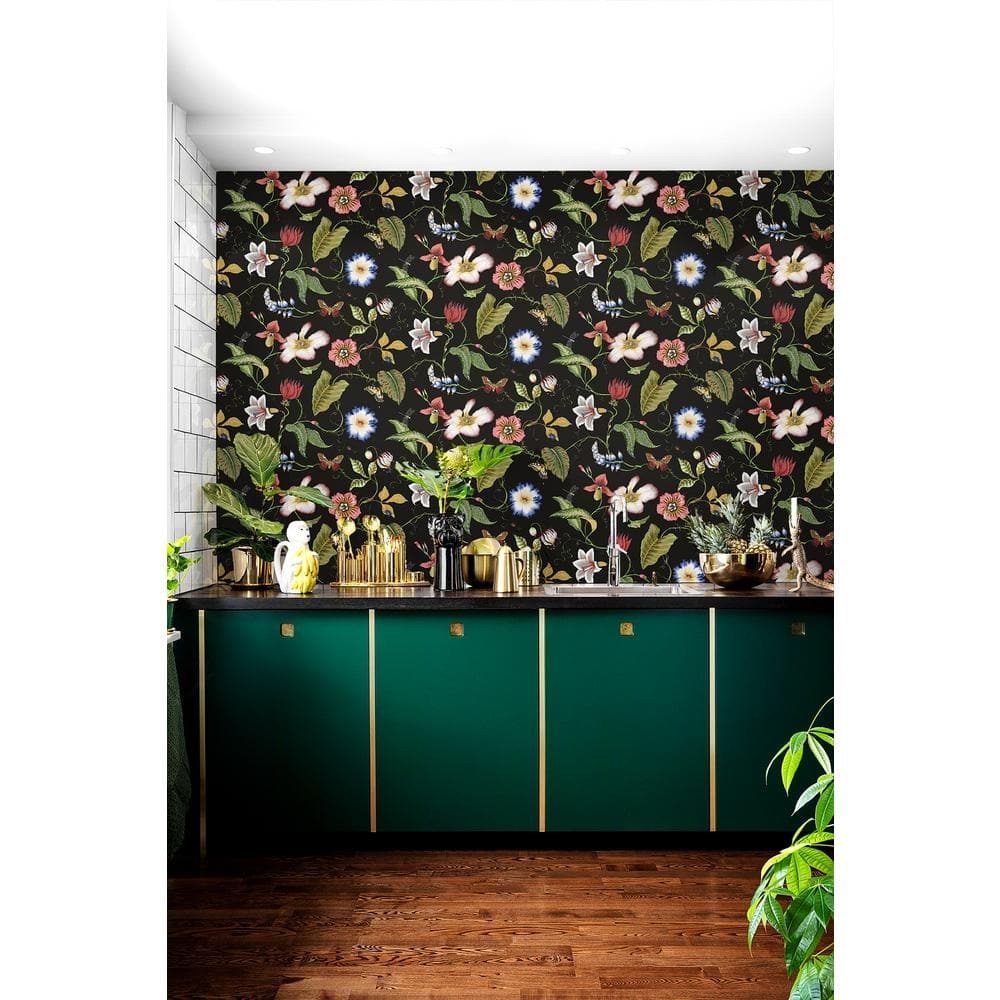 Jet Black Floral Peel and Stick Vinyl Wallpaper