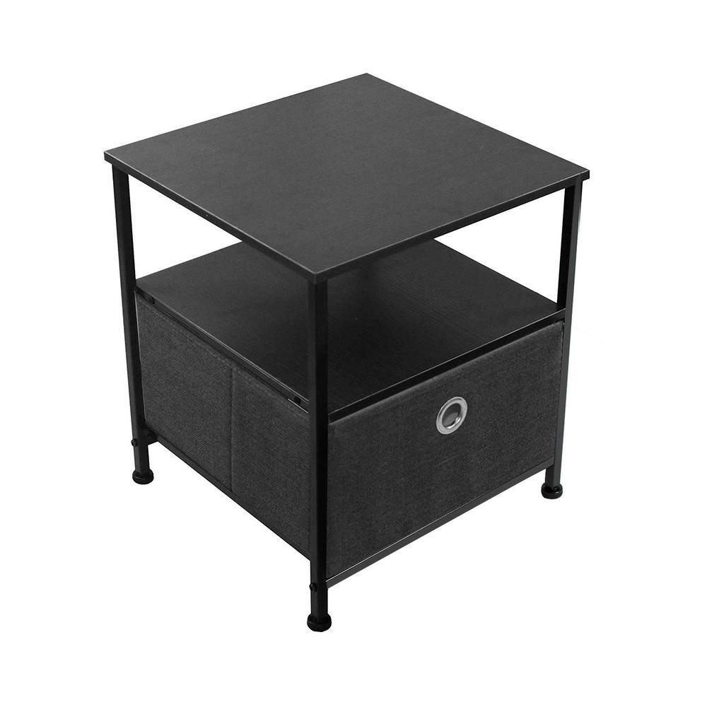 Black Steel Frame Nightstand with Wood Top and Fabric Drawer