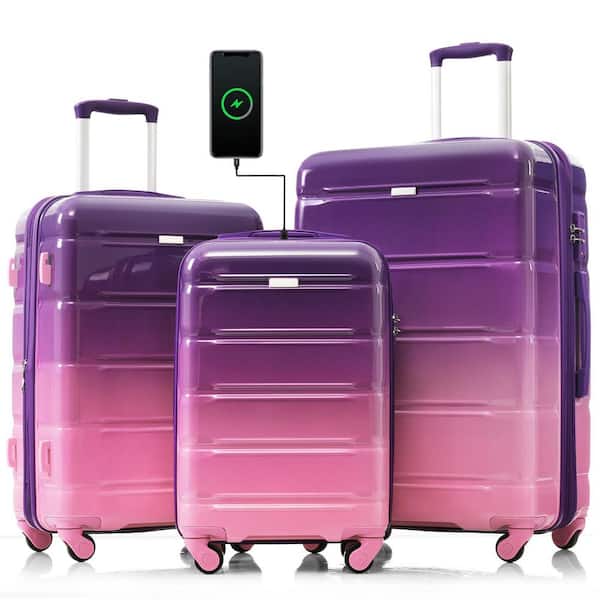 3-Piece Purple and Pink ABS Durable Luggage Set with Spinner Wheels and USB Port