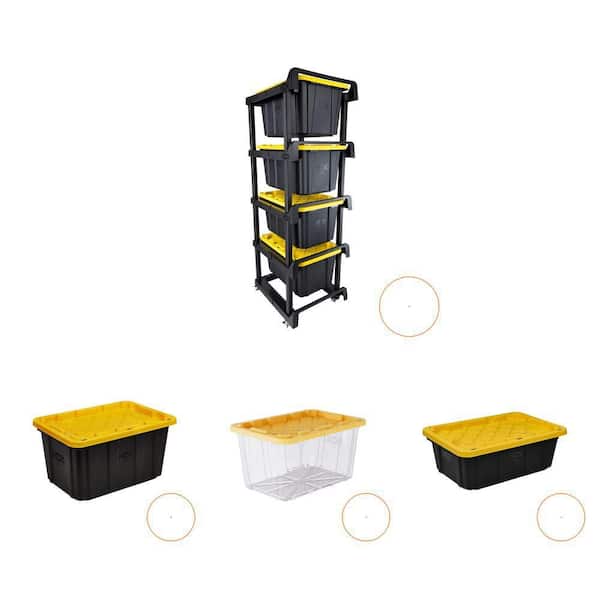 4-Tier Plastic Shelving Tote Stacker with Casters and (3) Tough Storage Totes (14 Gal. and 27 Gal.) Combo