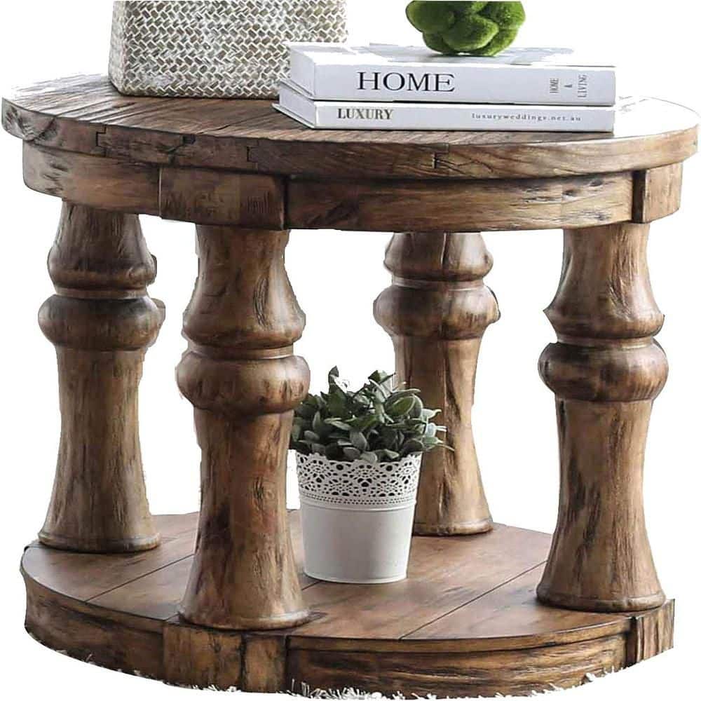 25 in. Brown Round Wood End Table, Sturdy Build End Side Table for Living Rooms