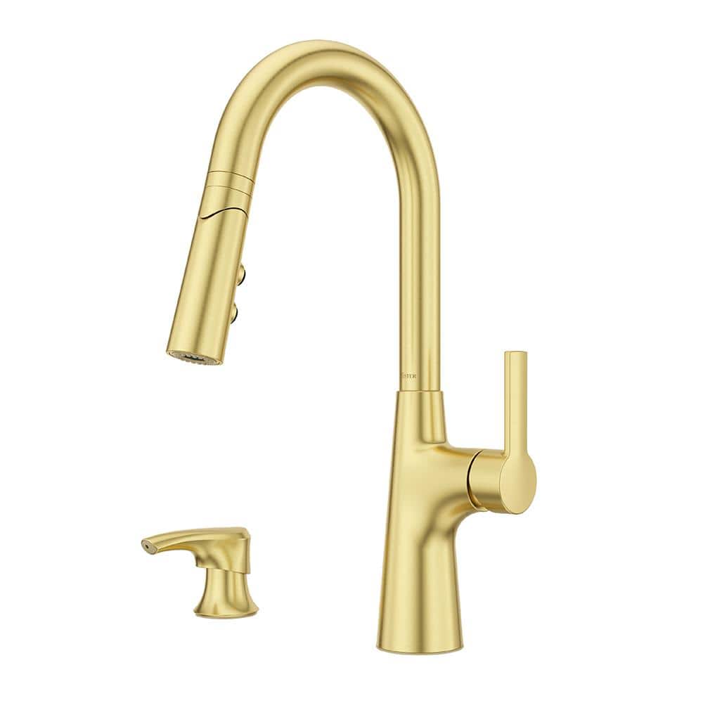 Tasso Brushed Gold Pull-Down Kitchen Faucet with Soap Dispenser