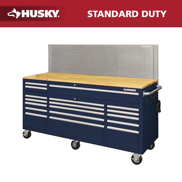 72 in. W x 24 in. D 18-Drawer Standard Duty Mobile Workbench Tool Chest with Solid Wood Top and Pegboard in Gloss Blue