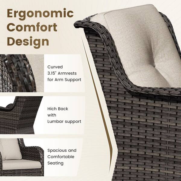 3-Piece Wicker Patio Outdoor Lounge Chair Set with Beige Cushions and Side Table