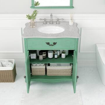 Provence 33 in. W x 22 in. D x 35 in. H Single Sink Freestanding Bath Vanity in Vintage Turquoise with White Marble Top