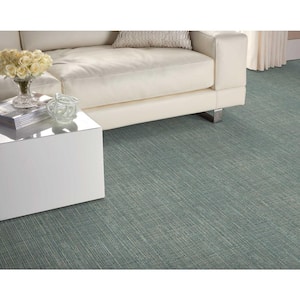 Modish Outlines - Teal - Green 13.2 ft. 32.44 oz. Wool Loop Installed Carpet