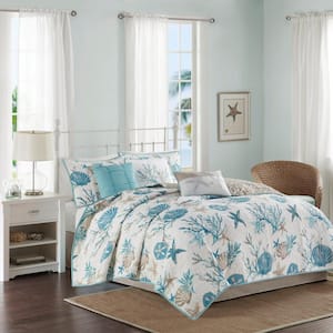 Pacific Grove 6-Piece Aqua Cotton Full/Queen Quilt Set