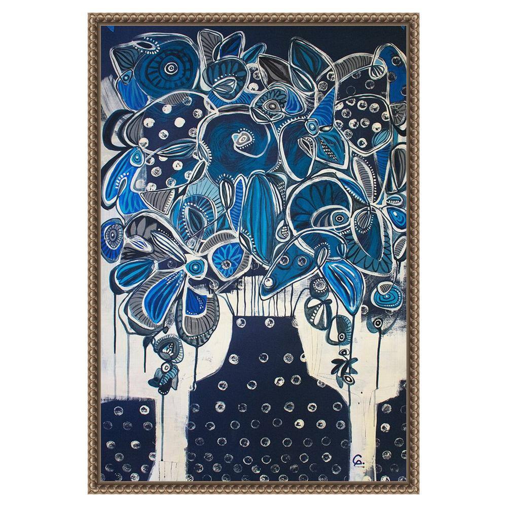 Indigo Floral Abstract Canvas Print with Bronze Floater Frame