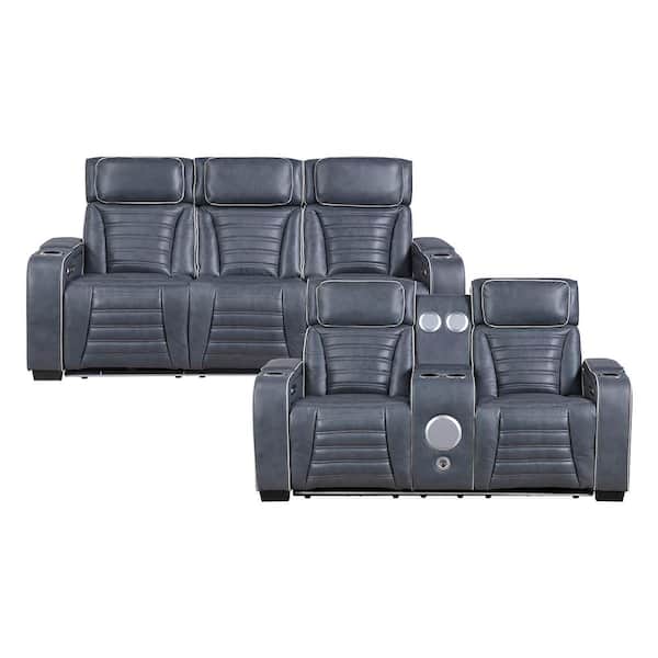 Bedos 84 in. W. Pillow Top Arm Top Grain Leather Rectangle 2-Piece Power Reclining Sofa Set in Blue