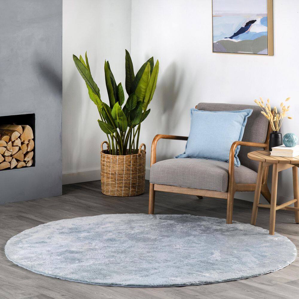 Light Blue Solid Shag Washable Round Synthetic Rug