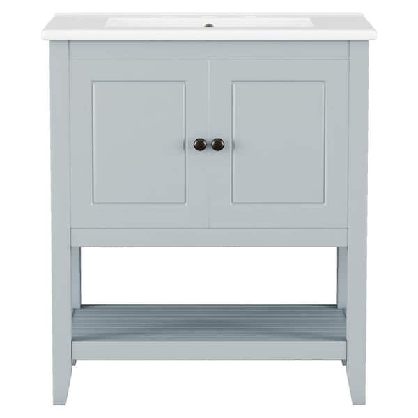 Ziyudura 30 in. Single Sink Freestanding Gray Bath Vanity with White Ceramic Top, Open Style Shelf