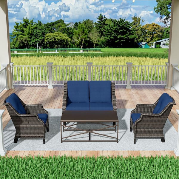 MeetLeisure 4-Pieces Wicker Outdoor Patio Furniture Sets Rattan Chair Wicker Set with Blue Cushion